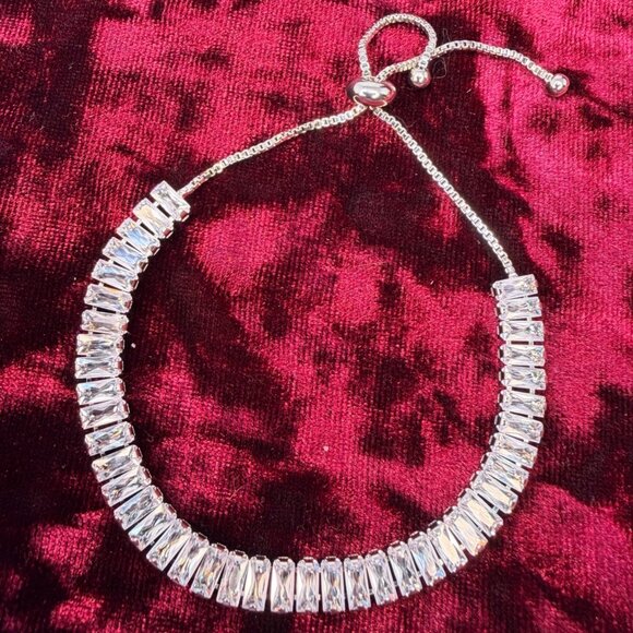 Slider Tennis Bracelet Sterling Overlay Made with Swarovski Baguette Crystals - Picture 3 of 16